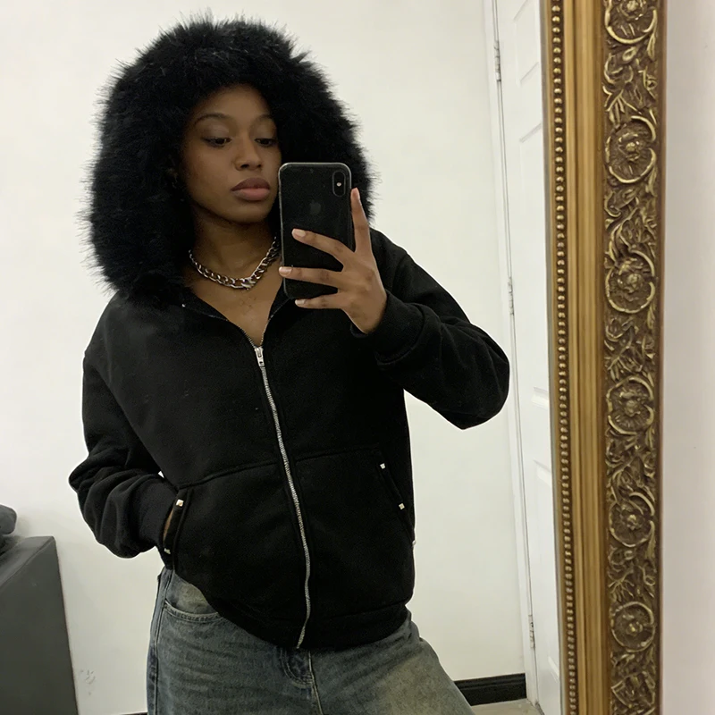 

Autumn Winter Loose Square Rhinestone Decorative Pocket Coat Long Sleeve Fur Collar Hoodie Hip Hop Solid Color Gothic Daily Wear