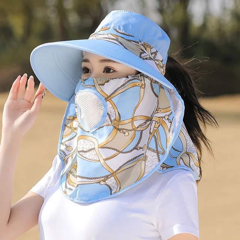 Sombrero de ala ancha para mujer, sombrero de pescador transpirable con estampado al aire libre, máscara facial desmontable, protección UV, Verano