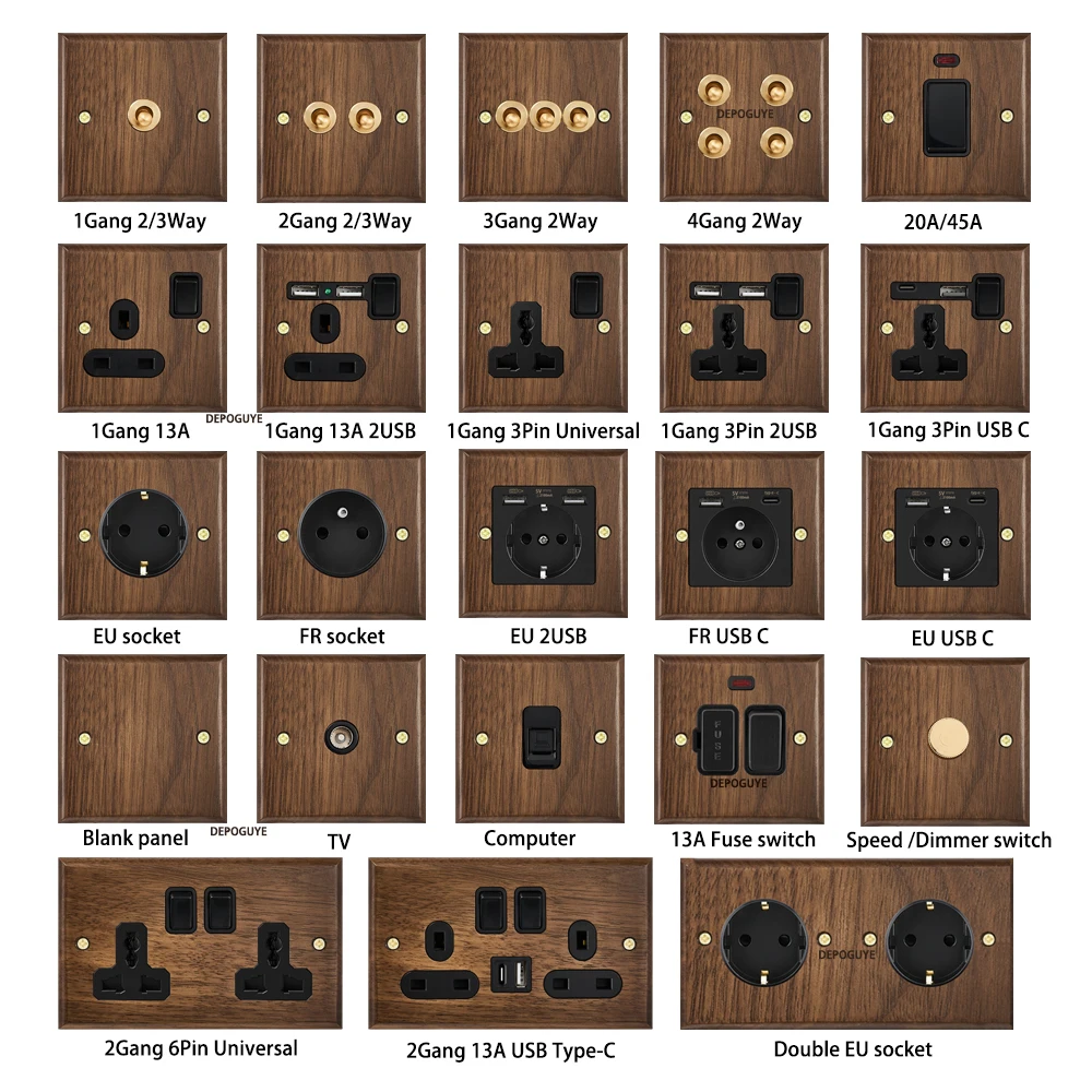Black Retro Walnut Wall Toggle Switch Panel 1-4Gang 2Way Solid Wood Double EU/FR Socket Universal Usb C Electrical Power Outlet - Image 2