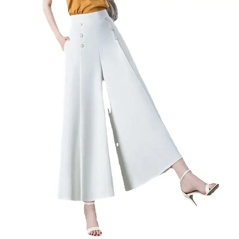 

Женские офисные брюки большого размера, Модные Винтажные Широкие штаны в Корейском стиле, с эластичной завышенной талией, повседневные брюки в стиле кэжуал, весна-лето