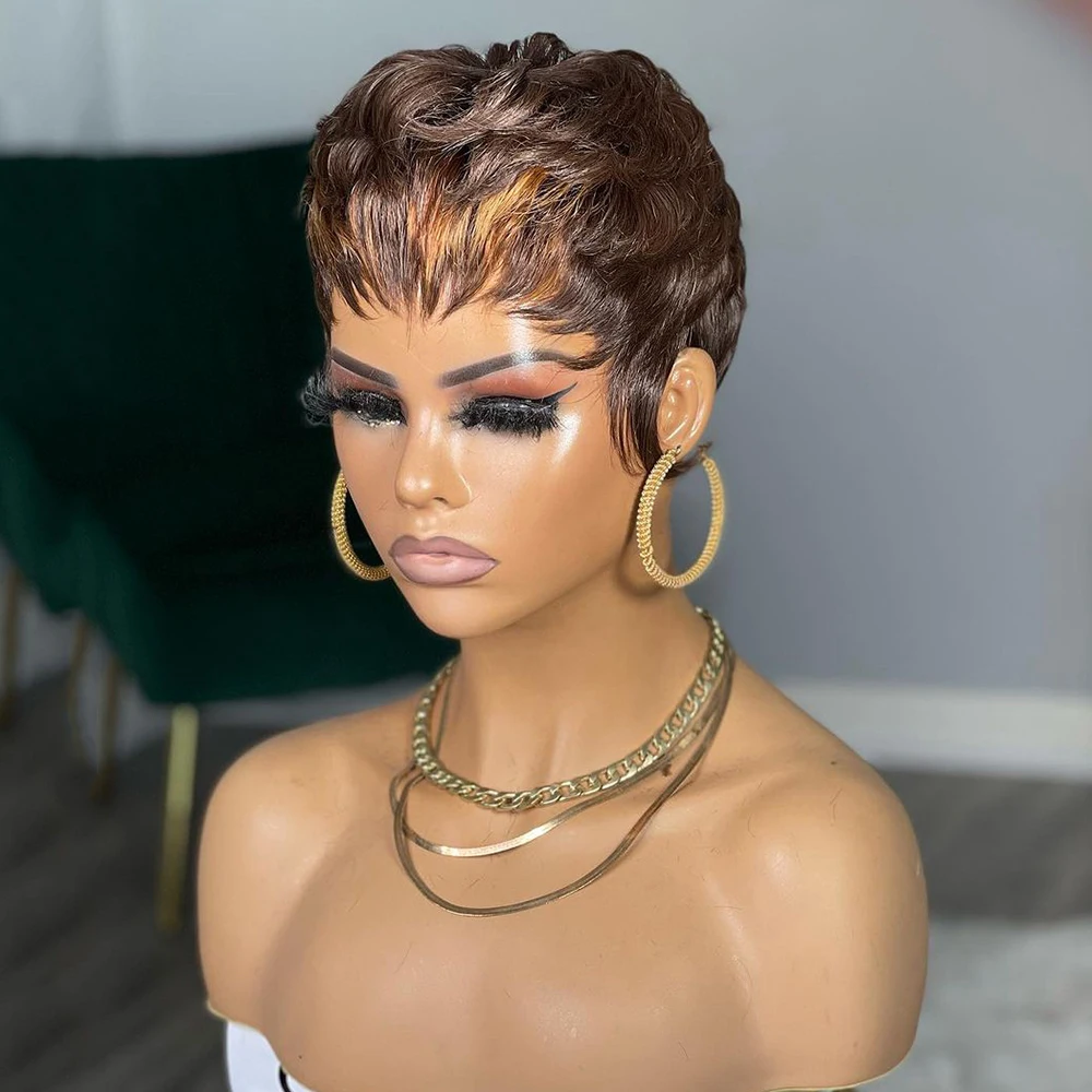 Highlight Platinum Blonde Pixie Cut Curly Human Hair Short Bob Wigs With Bangs Ash Blonde Colored Full Machine Made Wig