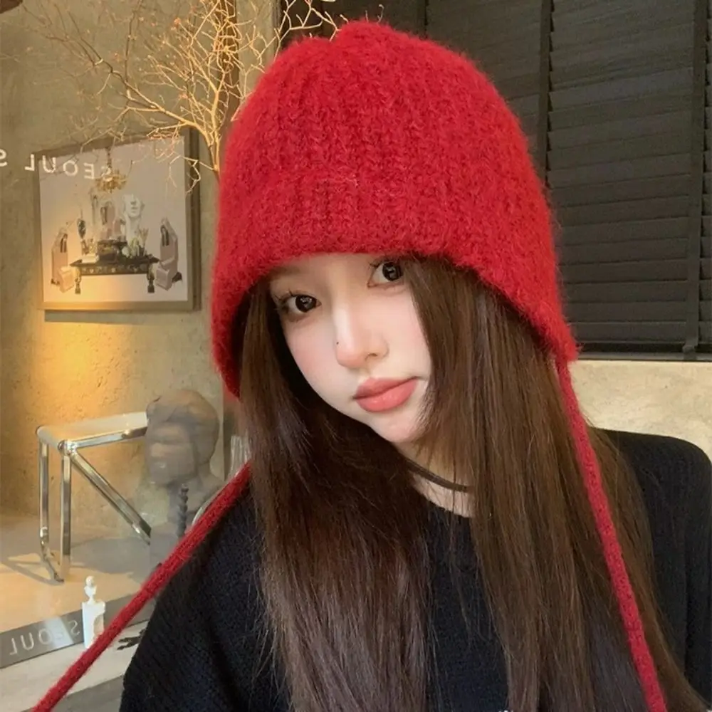 Casual Korean Style Knitted Hat Solid Color Woolen Beanie Hat Rabbit Fur Thicken Knit Cap Winter
