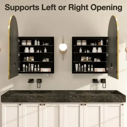 Arched Medicine Cabinet Mirror No Assembly Needed Bathroom Mirror with Storage Recessed or Surface Mount Options (Gold view 6