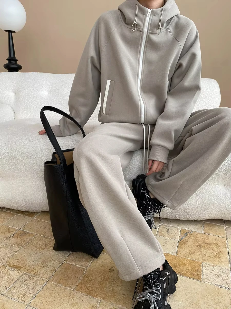 

Весенне-осенний женский повседневный однотонный свободный свитшот с капюшоном + свободные брюки с высокой талией