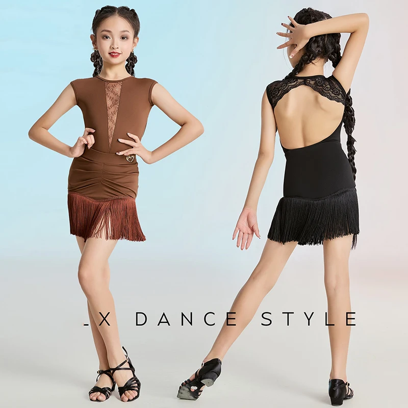 

2025 New Latin Dance Performance Costumes For Girls Sling Tops Tassel Skirts Outfts Chacha Rumba Tango Latin Stage Wear XH3188