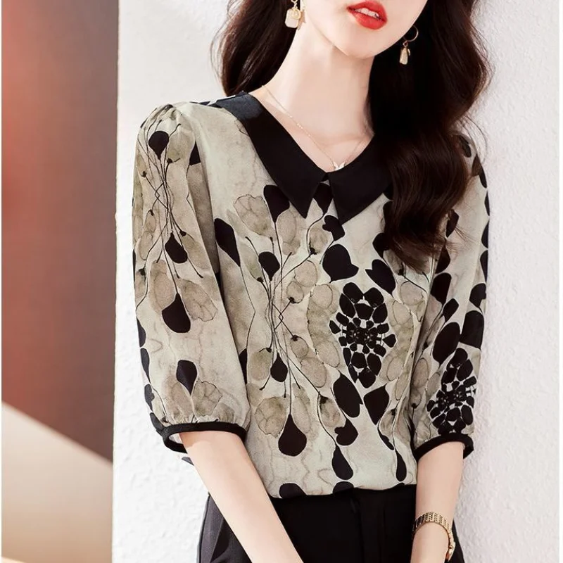 2024 Summer New Women\'s Blouse Korean Pullovers Peter Pan Collar Printed Spliced Half Sleeve Fashion All-match Slim Shirt Tops