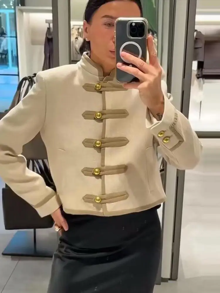 Chic Golden Toggle Button Cropped Jacket Padded Shoulder Long Sleeve 2025 Autumn Office Women Coat R