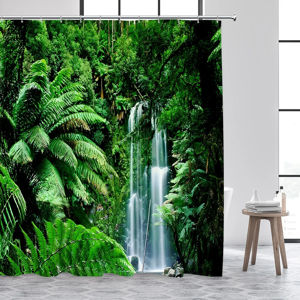 Forest Landscape Shower Curtains Tropical Jungle Plants Waterfall Park Nature Scenery Fabric Bathroom Curtain Decor With Hooks