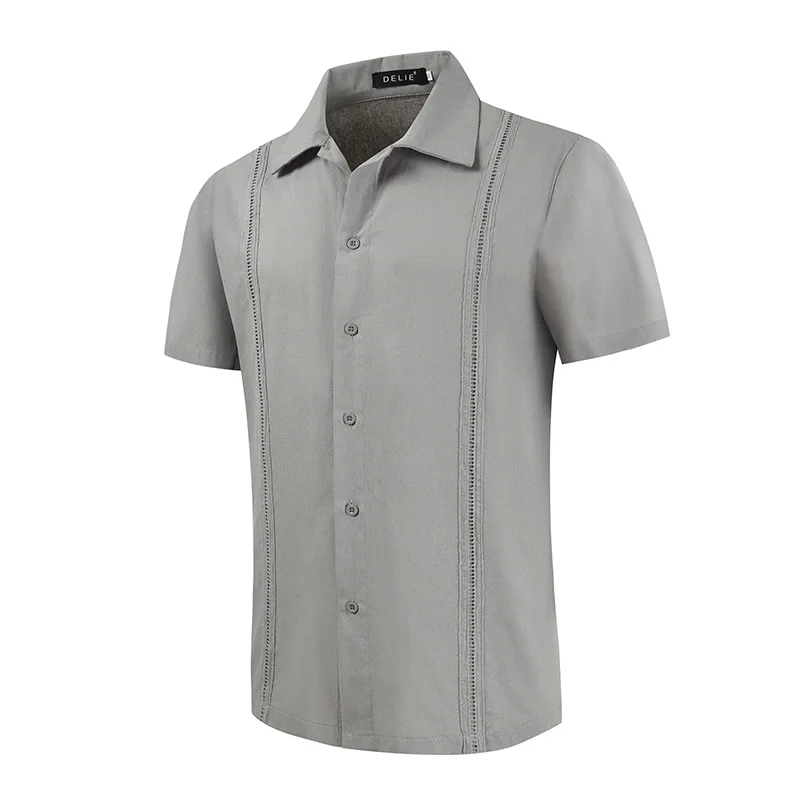 Mens Short Sleeve Shirts Guayabera Style 2025 Summer Casual Solid Embroidery Shirts For Men's Cuban Turn-Down Collar Beach Shirt