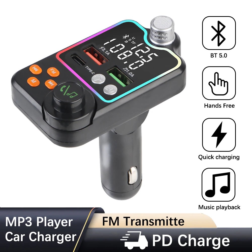 Handsfree Car Kit FM Transmitter Wireless 5.0 MP3 Player FM Modulator Car Music Receiver Type C Dual USB Car Charger