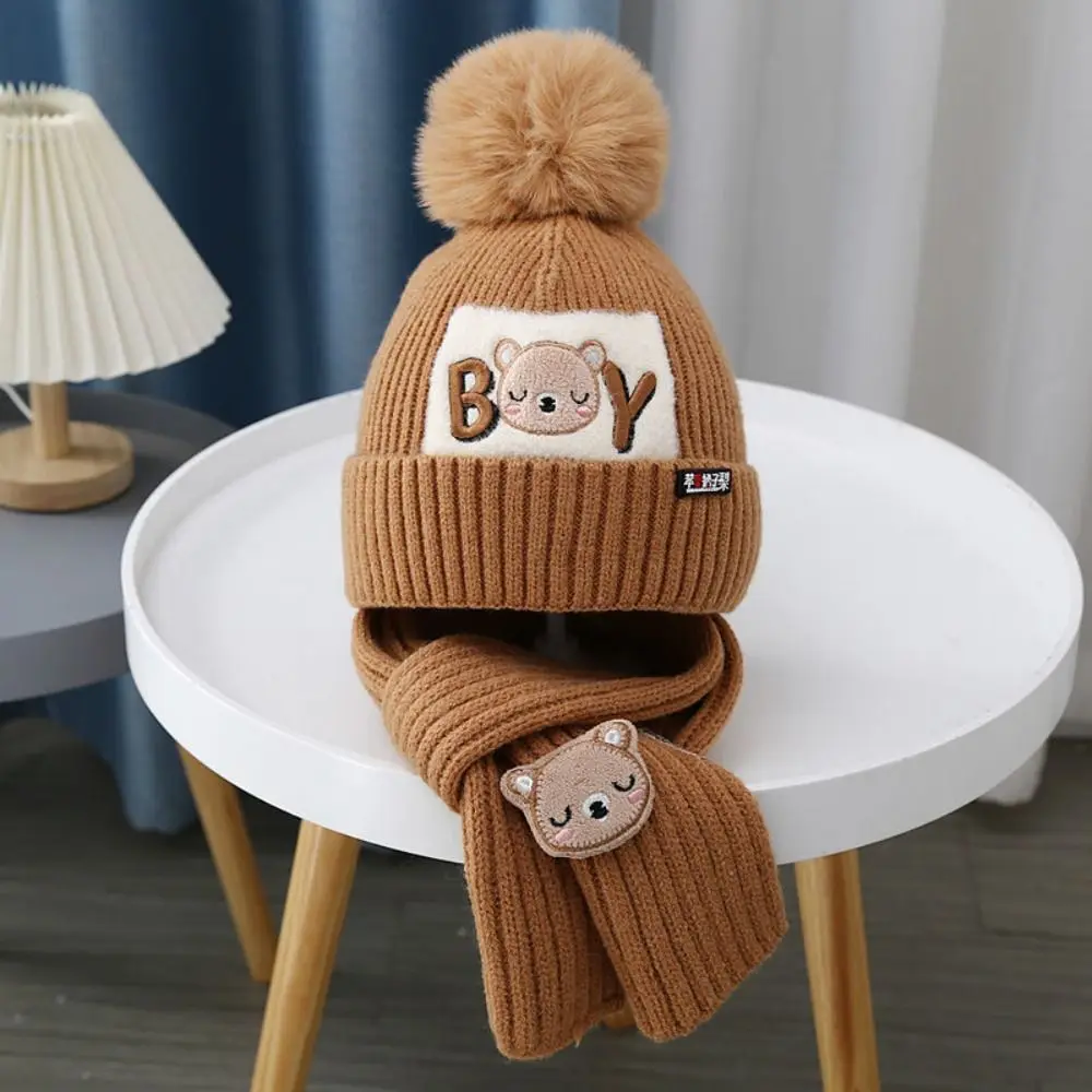 

Autumn Bear Baby Hat Scarf Set Neck Scarf Korean Style Kids Crochet Hat Solid Color Children's Ear Protection Hat Girls