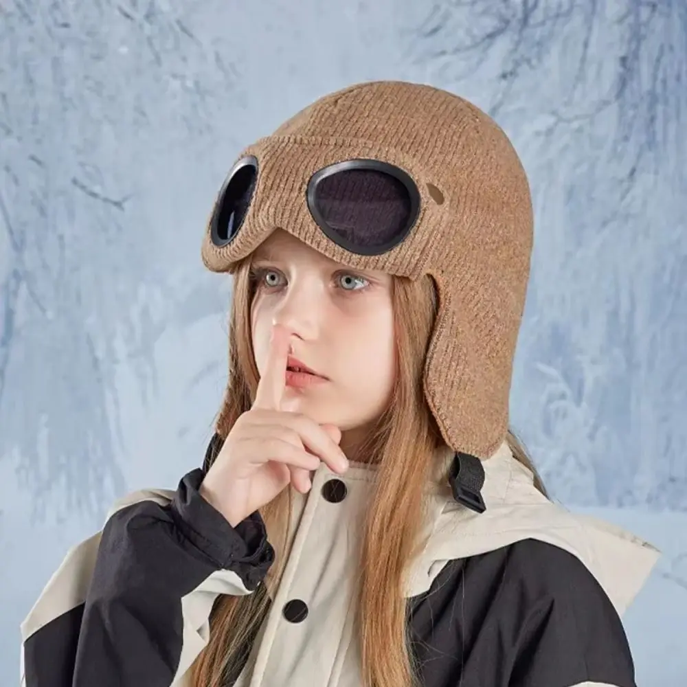

Neck Protection Children Glasses Hat Ear Cap Buckle Warm Cap With Goggles Fleece Lining Adjustable Knitted Beanies Girls