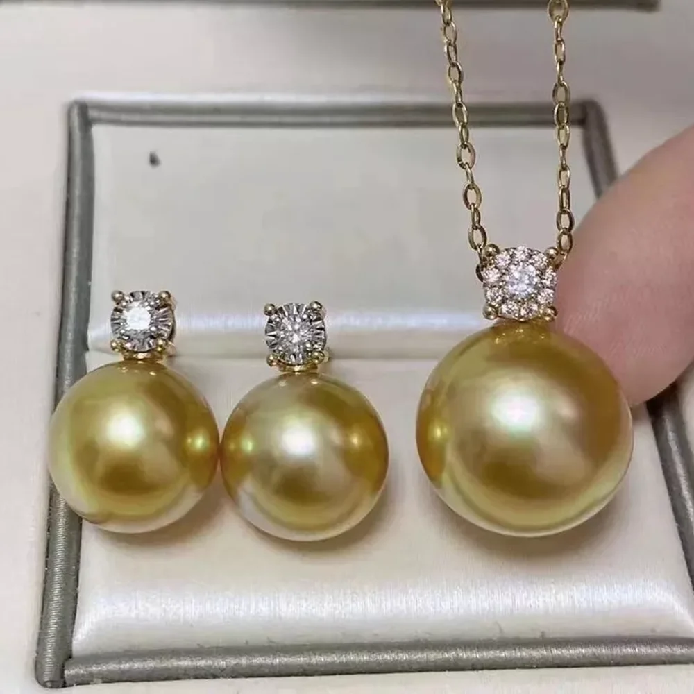 Bestselling AAAA-10-11 mm South Sea Gold Round Pearl Set 18 inch Pearl Pendant+Pearl Earrings 925s