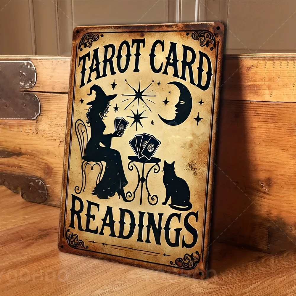One Vintage Aluminum Sign Featuring Card Readings, Measuring 8X12 Inches, Depicting a Witch And a Cat with Stars. This Rustic Wa