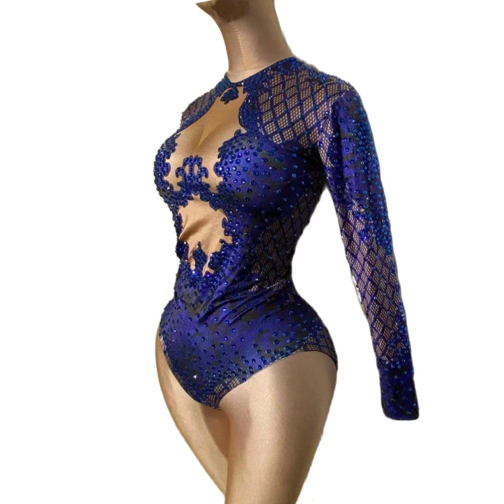 Body bleu Royal avec strass, combinaison pour femme, cristal scintillant, moulante, tenue de soirée, Club DJ, scène, défilé, spectacle, Costume de danse