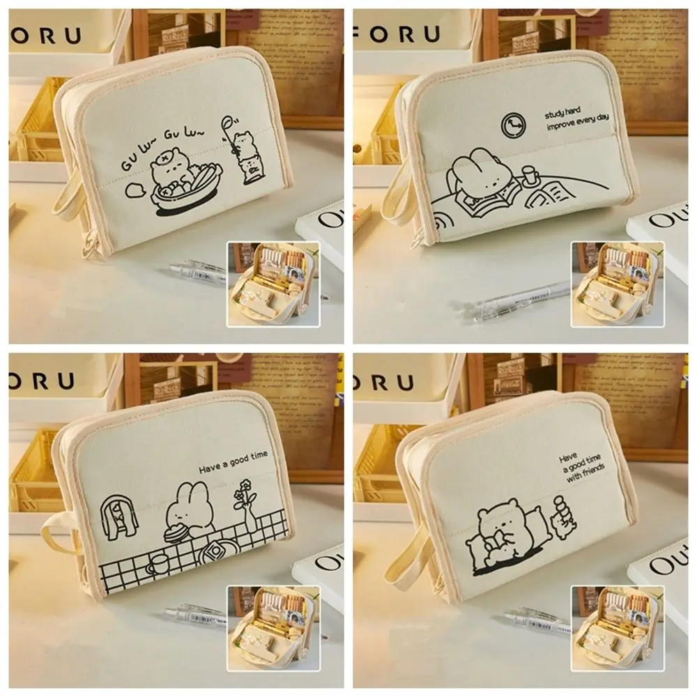 Large Capacity Pencil Case Cute Multi-layer Kawaii Bear Pen Case Storage Bag Simple Color Stationery Bag School Supplies