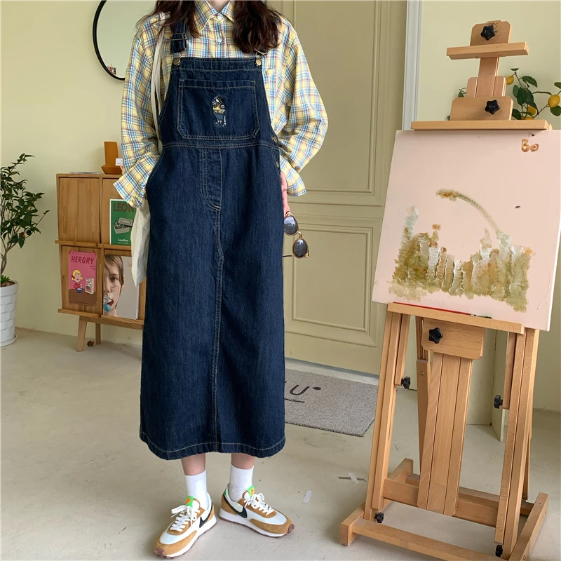 S-5XL Women's Denim Dress Cartoon Embroidered Long Strap Jean Dresses Spring Fall Loose Casual Long Suspender Dress