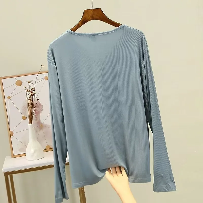 New modal thread long-sleeved T-shirt large size loose Korean version thin top button casual undershirt