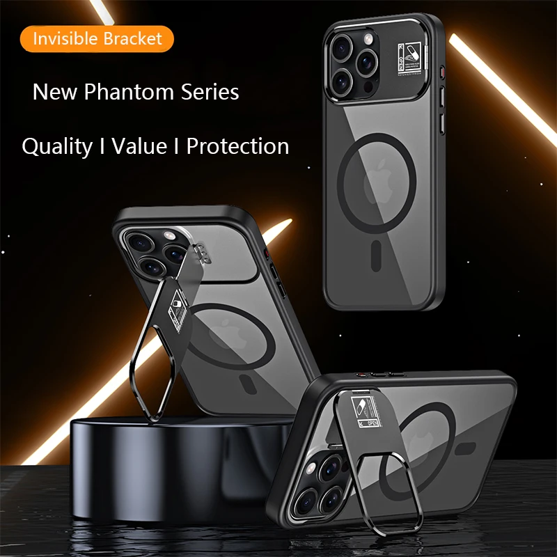 

Luxury Magnetic Stand Phone Case For iPhone 13 14 15 Pro Max Plus Lens Protection Aluminum Stand High Transparent Back Plate