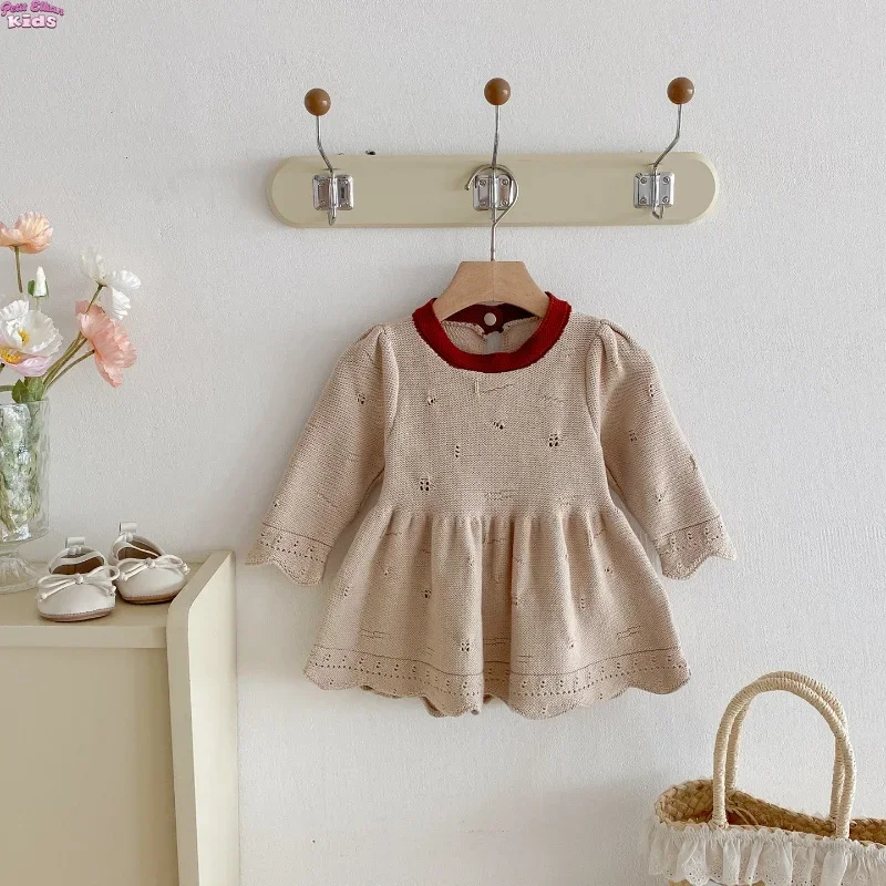 

0-4Y Baby Girls One Piece Dress Cotton Lace Knit Dress Color Block Collar Scalloped Hem Sweet Casual Infant Kids Girls Outfit