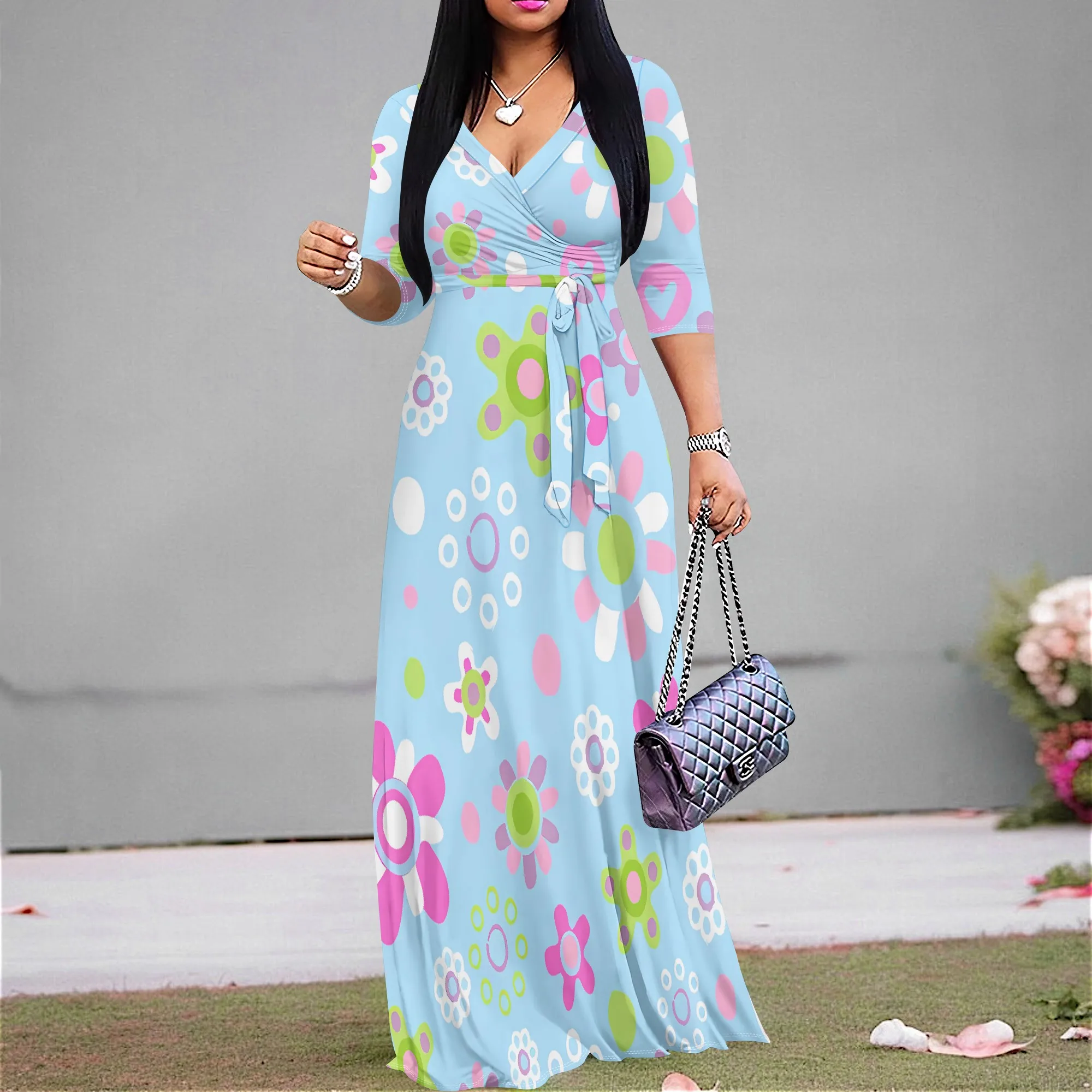 

Nupusa Floral Print Wrap Dress Women Summer Half Sleeve Maxi Dress