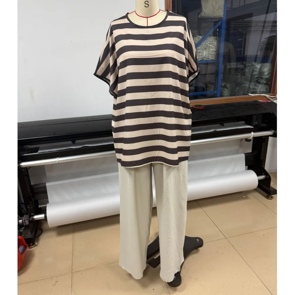 

Women's Striped O Neck T-shirt Short Sleeve Trousers 2-piece Set Summer Casual Loose Lace-up Pocket Wide-Leg Pants Female Suit