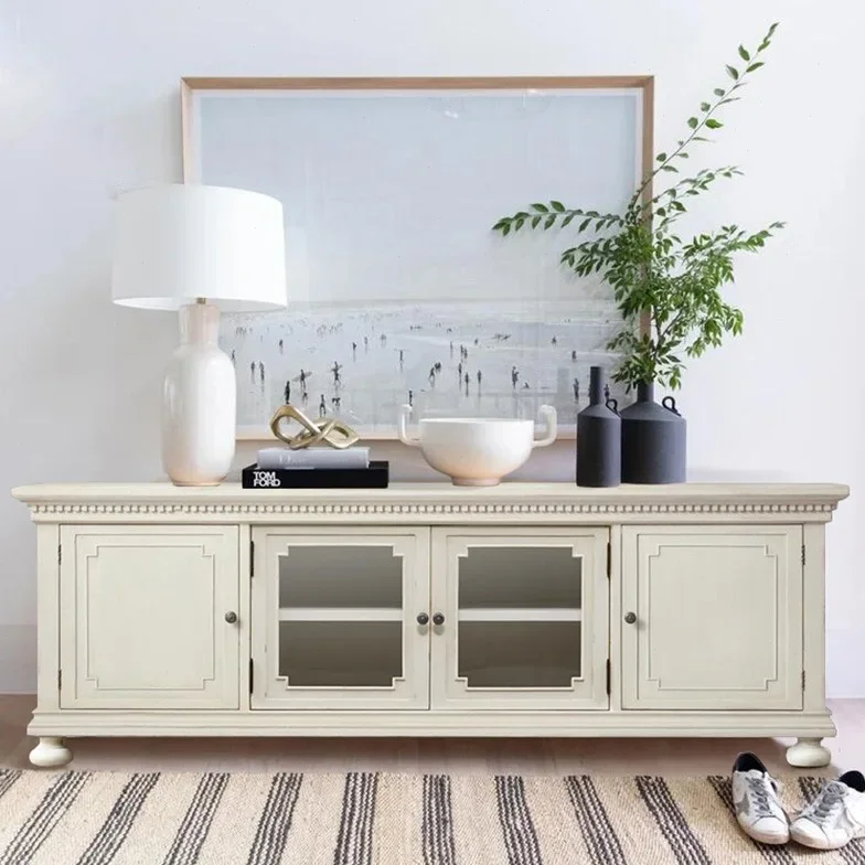 American solid wood retro old living room engraved TV cabinet French country antique oak locker floor