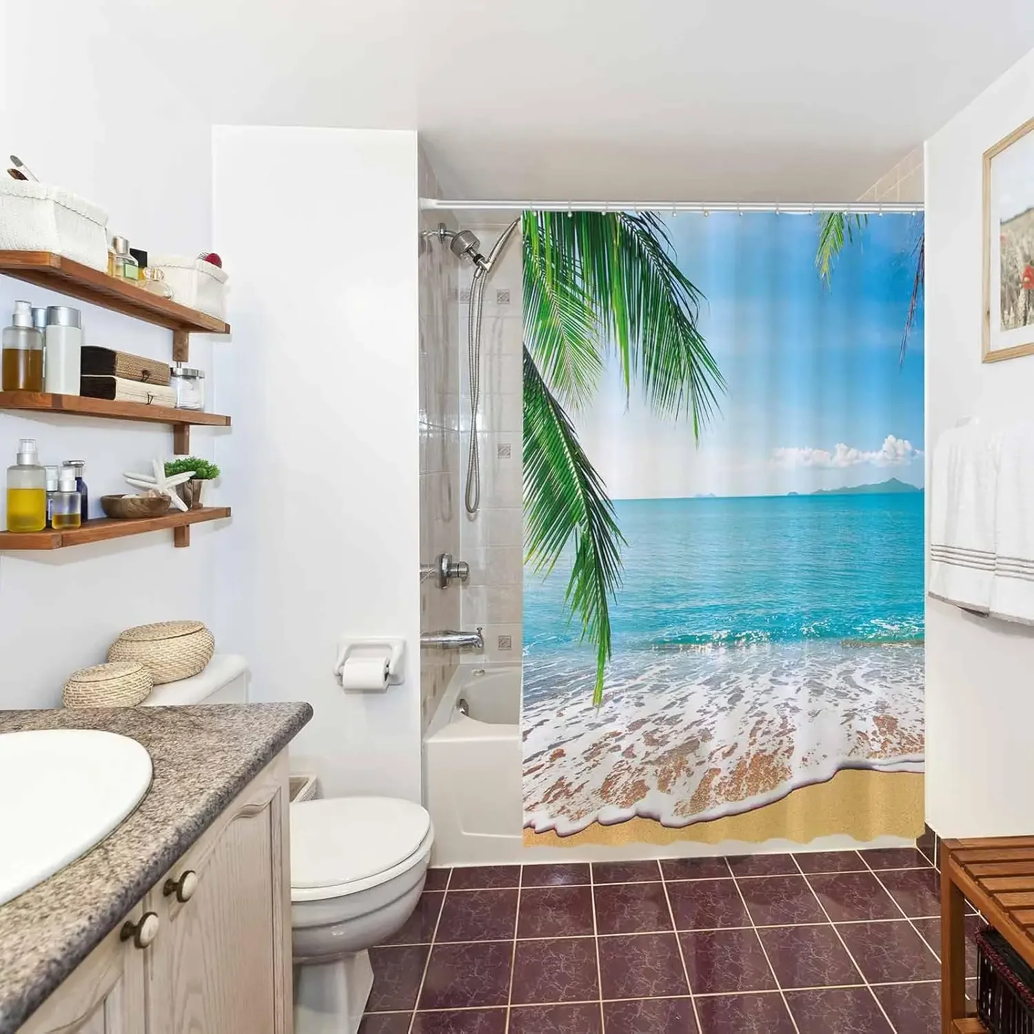

Тропическая пляжная занавеска для душа, летняя морская сцена, океанский остров, пальмы, декоративная занавеска для ванной комнаты