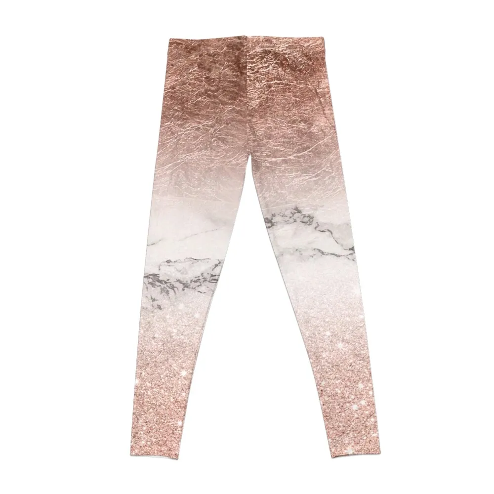 Modern faux rose gold glitter and foil ombre gradient on white marble color block Leggings sports for Womens Leggings