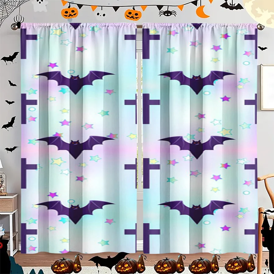 2PCS Digital Print Curtain, Bats Crosses Stars Gradient, Purple Blue Halloween Gothic Style for Living Room Bedroom Decor