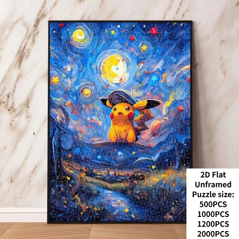 Jigsaw Puzzle 500/1000/1200/2000 Pcs Pikachu Under The Van Gogh Starry Sky Jigsaw Puzzles for Adults Stress Relief Toys Gift