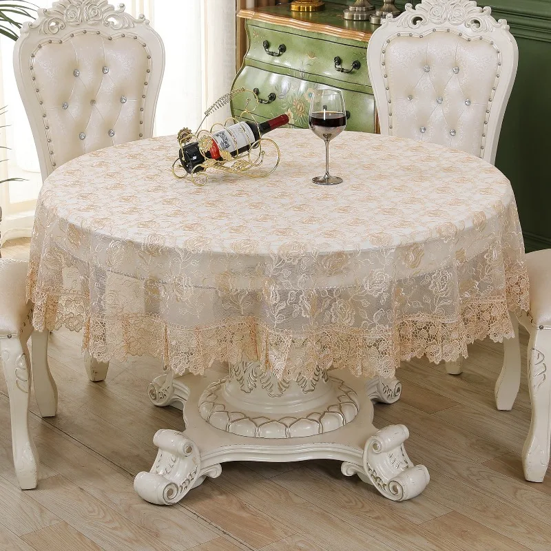 Table Cloth Beige Round Table Cover Embroidered Tablecloth Romantic Lace Europe Hollow Transparent Rose Flower Glass Yarn Cover