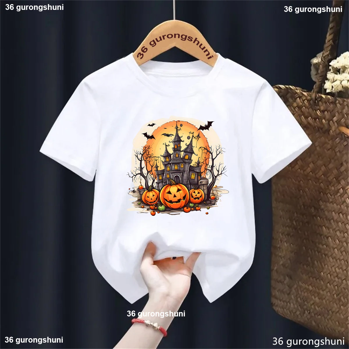 Funny Kids Clothes Cool Halloween Pumpkin Bat Printed T Shirt Girls/Boys Harajuku Kawaii Children'S Clothing Solid T-Shirt Tops image 3