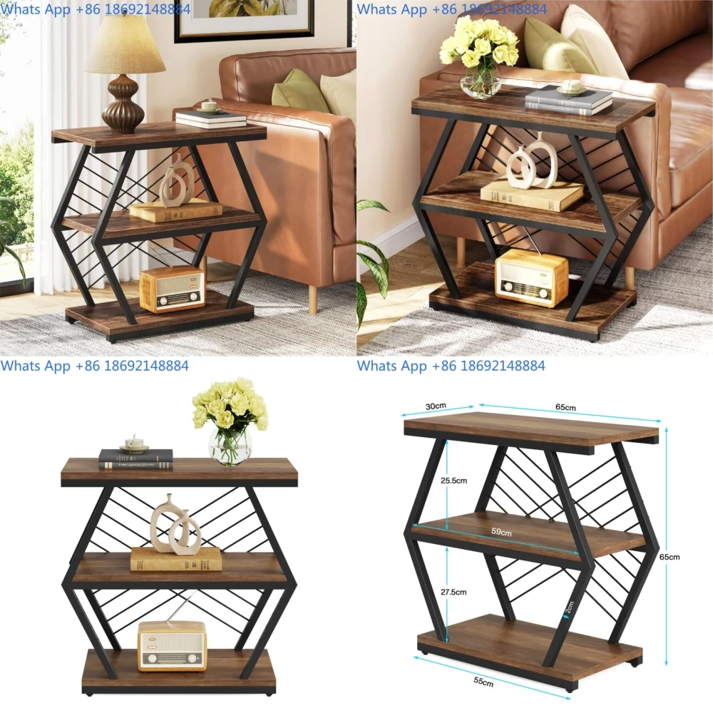 

Metal and Wood Side Table with Storage for Living Room Use Dual Layer Coffee Table for Home