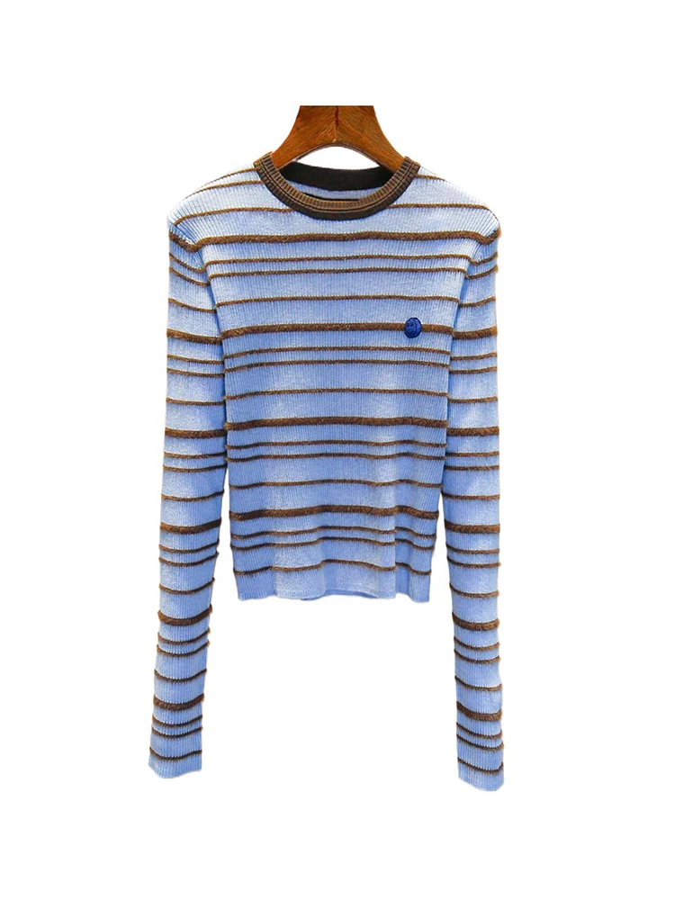 Doux Preppy Sle couleur Blo rayé coupe ajustée haut en tricot pour les femmes fibre de Polyester longue Sve ronde Ne ort longueur