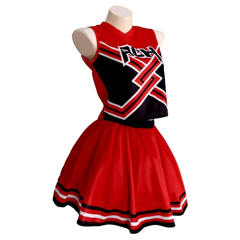 Womens Moive Cosplay Cheerleader Costumes Red Top Skirt Full Set   Cheer Team Uniform Adult Halloween Carnival Party Clothes