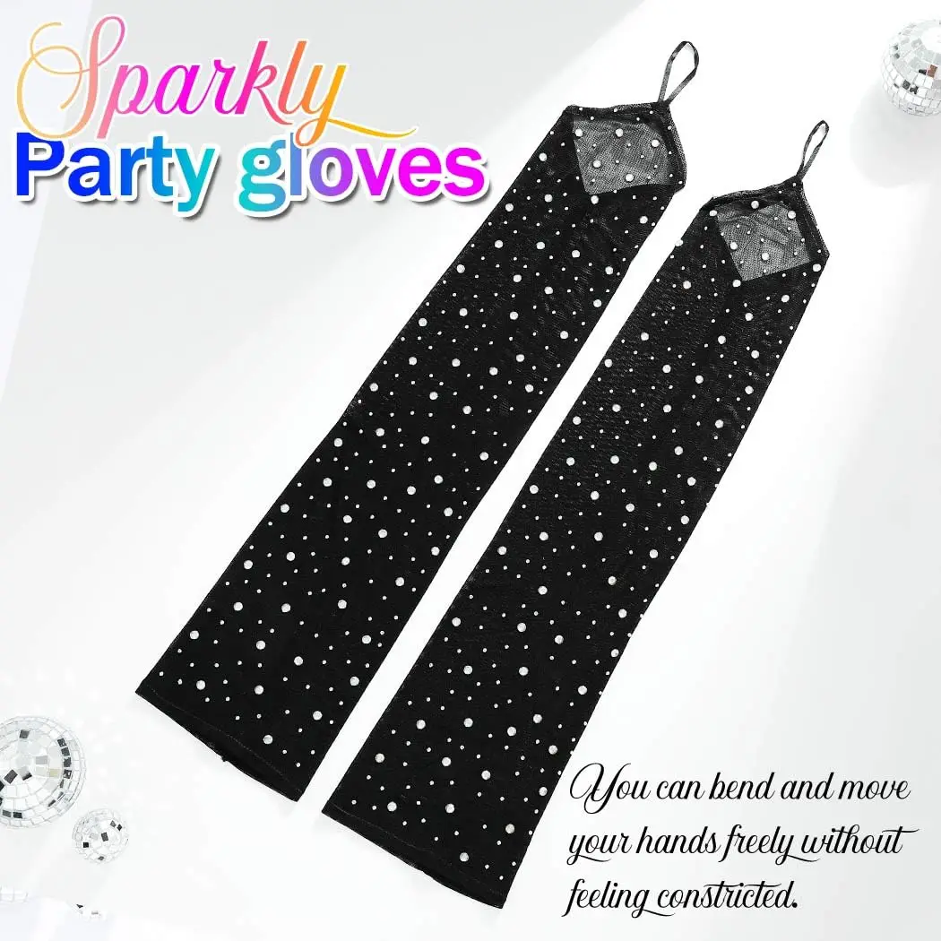 Sparkly Rhinestone Long Mesh Gloves Fingerless Elbow Length Arm Sleeves Prom Costume Glove for Women