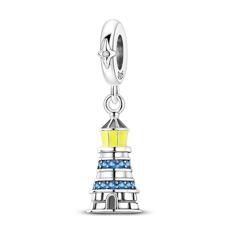 

925 Sterling Silver Charms Bead CZ Zircon Luminous Lighthouse Dangle Fit Original Bracelet DIY Women Jewelry Gift