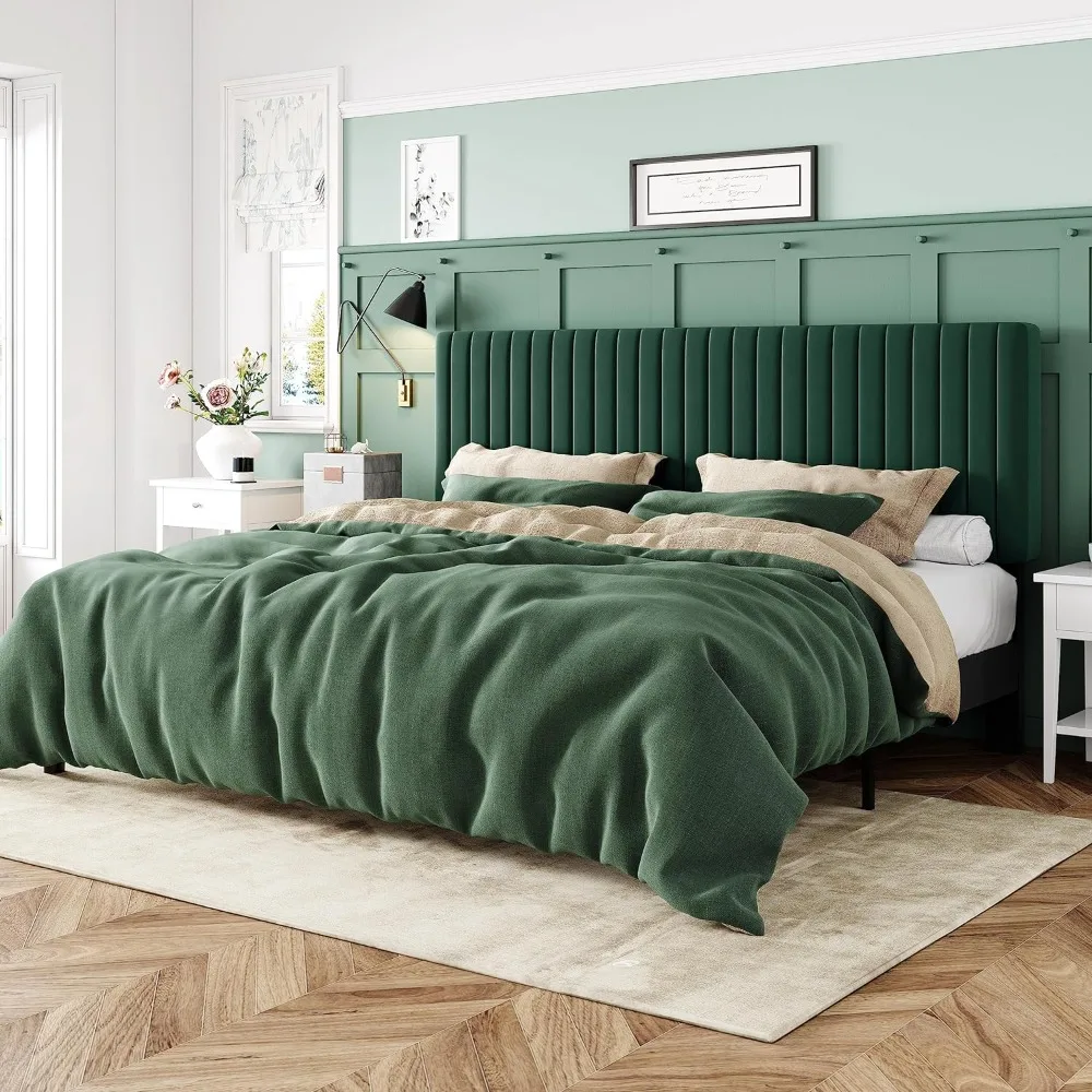 Velvet Upholstered Platform Bed with Adjustable Vertical Channel Tufted Headboard, Mattress Foundation with Strong Wooden Slats