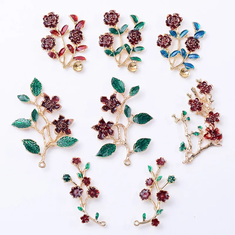 Alloy accessories left and right symmetrical retro flower branches dripping oil peony flower branches leaves DIY handmade materi