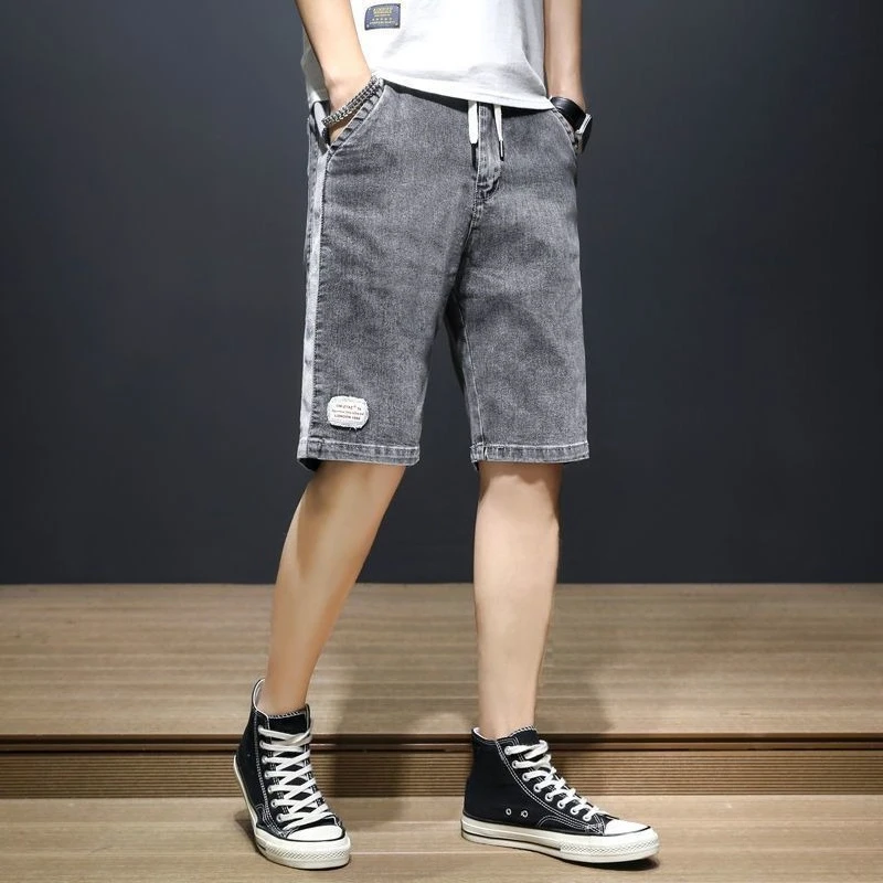 

Short Jeans Pants for Men Baggy Elastic Waist Man Denim Shorts Cowboy Trend 2025 Distressed Popular Summer Original Stretch Blue