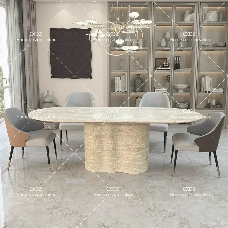 Wabi Sand Wind Natural Travertine Dining Table Light Luxury Household Living Room Advanced Dining Table Negotiation Table