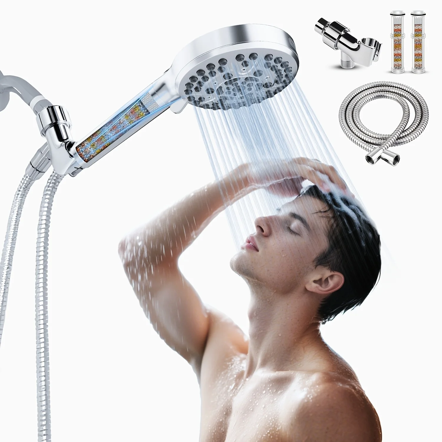 

High Pressure Handheld Shower Head with 60" Stainless Steel Hose, 9+1 Spray Modes, Built-in Filter & Power Wash Function, Includes 3 Cartridges (1 Pre-Installed), Easy Tool-Free Installation, Save Water & Enjoy Spa Massage, Perfect for Family & Pets