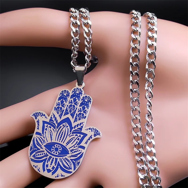 Fatima Hamsa Hand Lotus Flower Pendant Necklace for Women Men Stainless Steel Blue Turkish Eye Necklace Lucky Jewelry Gift N8158