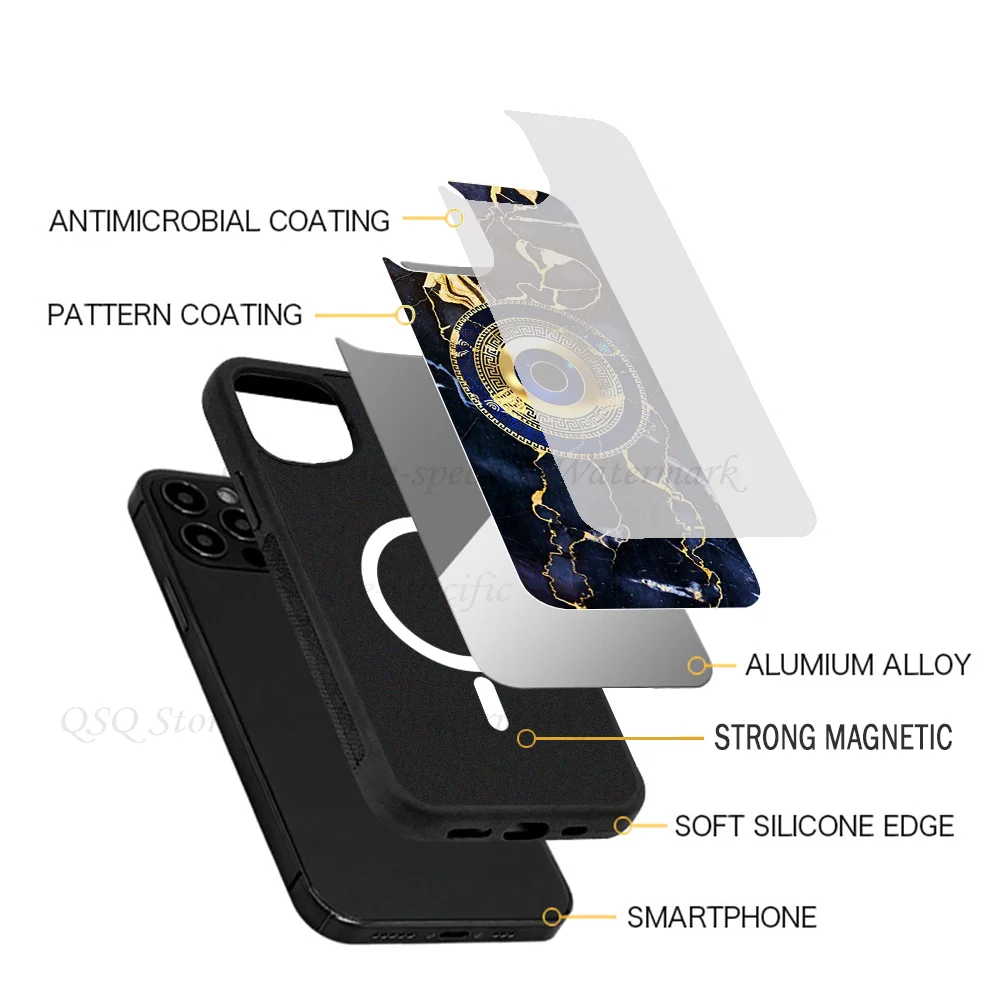 Mati Evil Eye Navy BlueGold Greek Key Gold Phone Case Strong Magnetic For IPhone 15 14 13 Pro Max 11 12 Mini Alex Mirror