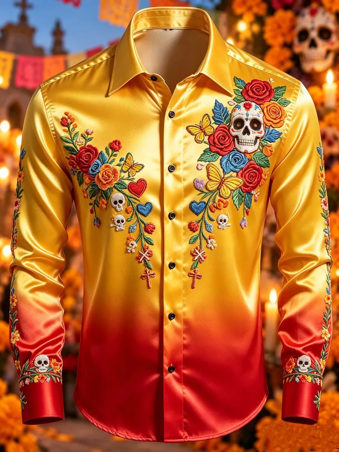 Men Casual Button Shirt Day of the Dead Gradient Sugar Skull Butterfly Floral Print Satin Long Sleeve Shirt