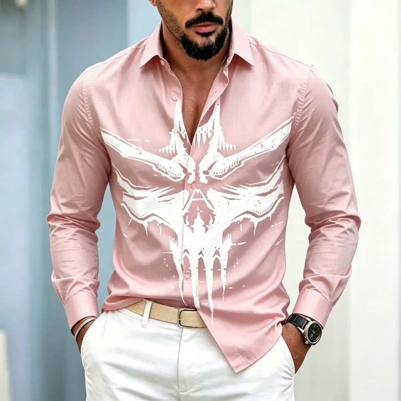 Men's shirt personalized skull print long sleeved solid color slim fit shirt European and American style casual men's clothing