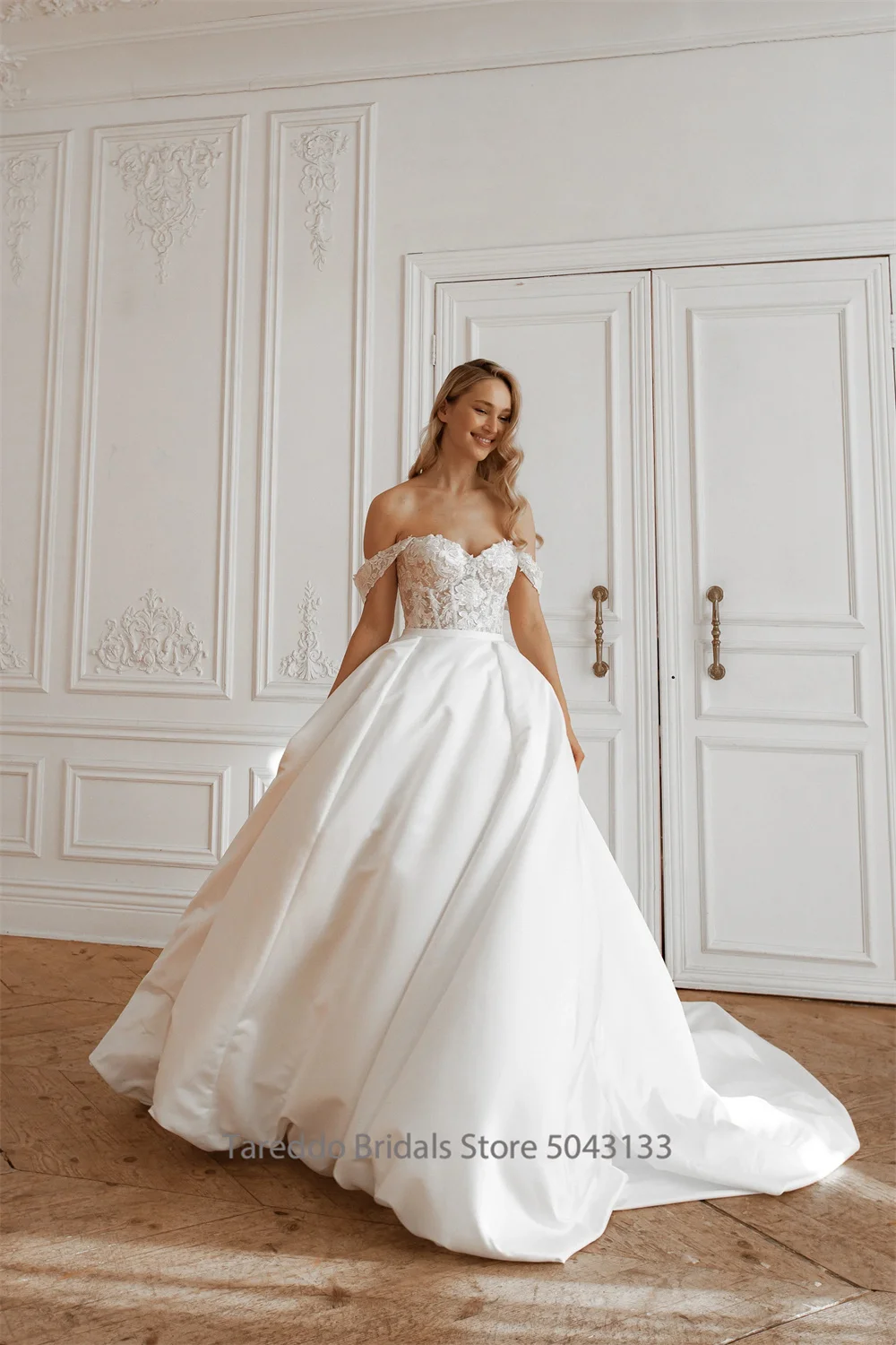 Customized Off Shoulder Two Pieces Wedding Dress Lace Applique Glitter Skirt Bridal Gown with Detachable Skirt 2 in1 Style