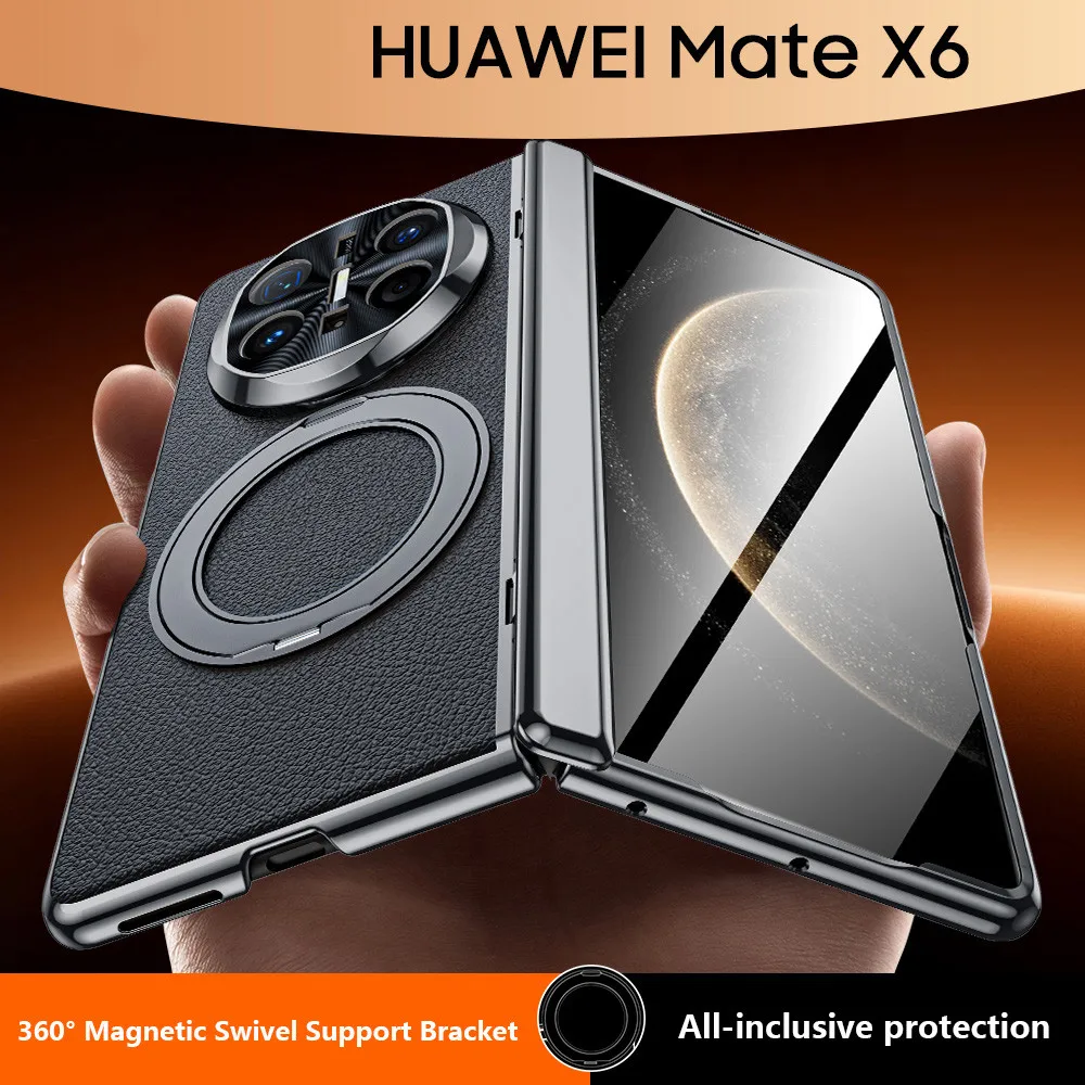 

PU Leather Phone Case For Huawei Mate X6 X5 X3 MateX6 5G Double 360 ° Rotating Bracket Protective Hard Cover With Tempered Film