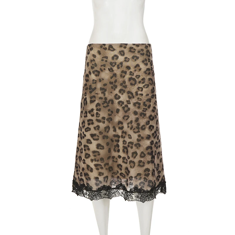Women’s Leopard Print Midi Skirt Elegant Lace Hem Half Skirt Y2K Vintage Bodycon High Waist Mesh Patchwork Knit Skirt Streetwear view 6